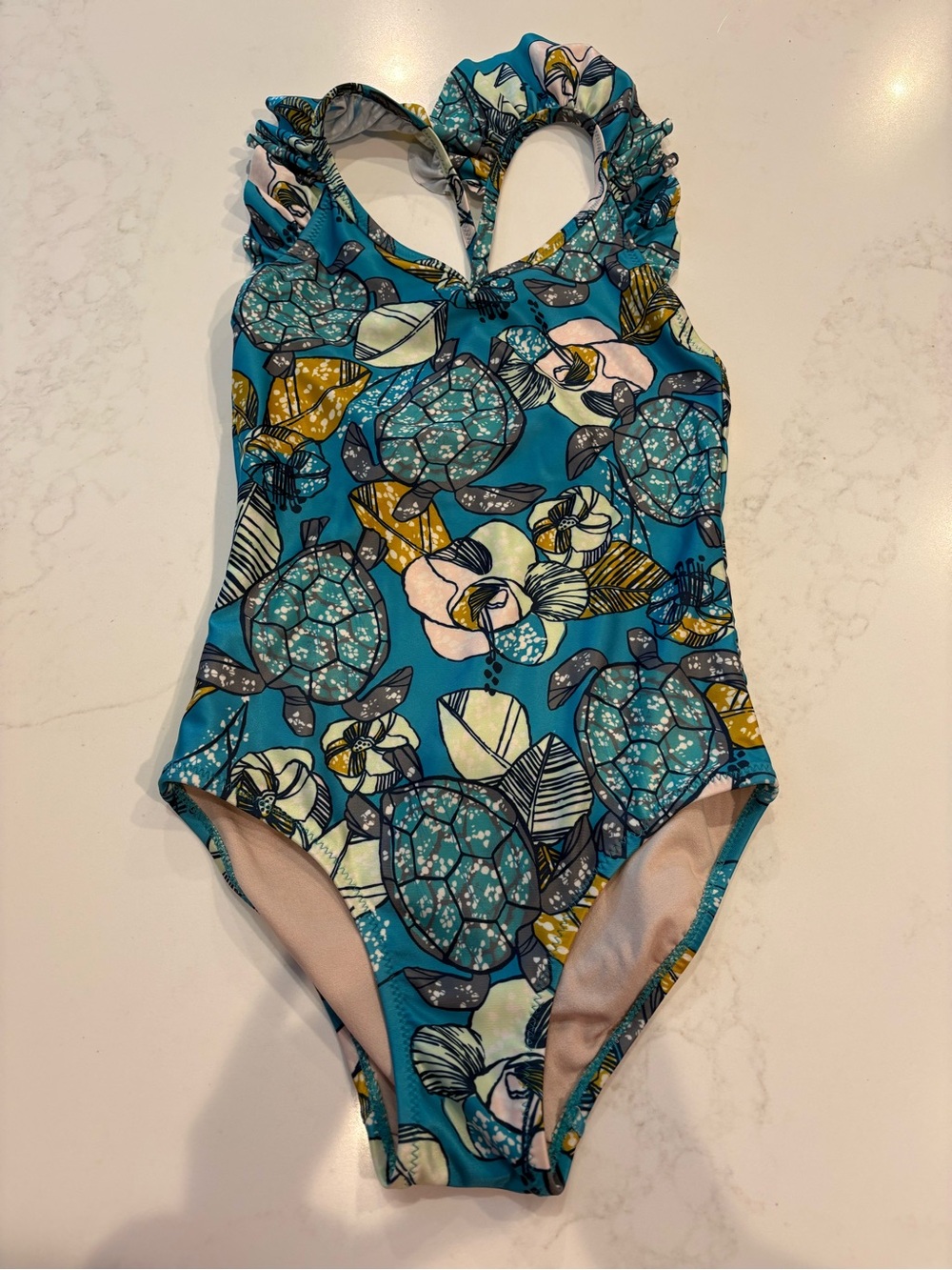 Tea Collection Teal Floral & Turtle Print One-Piece Swimsuit